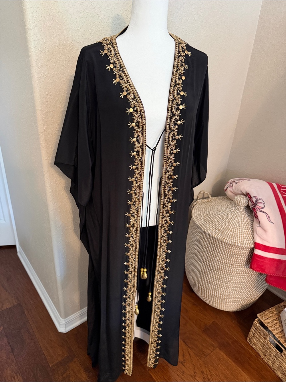 Black Embroidered Open Front Abaya with Gold Trim